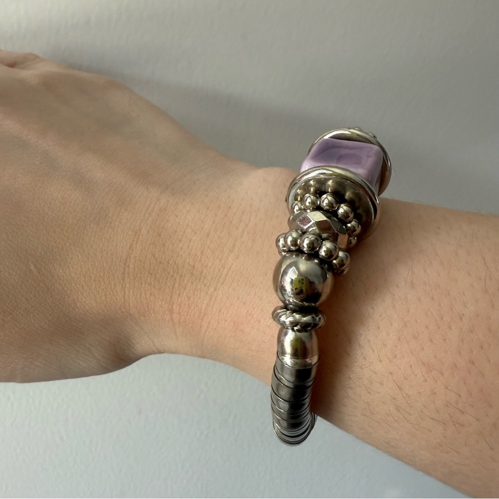 Chunky Silver-Tone Stretch Bracelet with Purple Bead